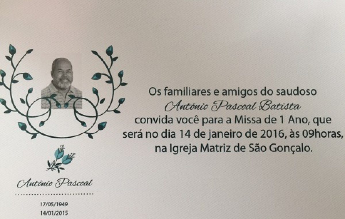 Missa em sufrágio ao saudoso ex-prefeito Antonio Pascoal Batista acontece dia 14 de janeiro