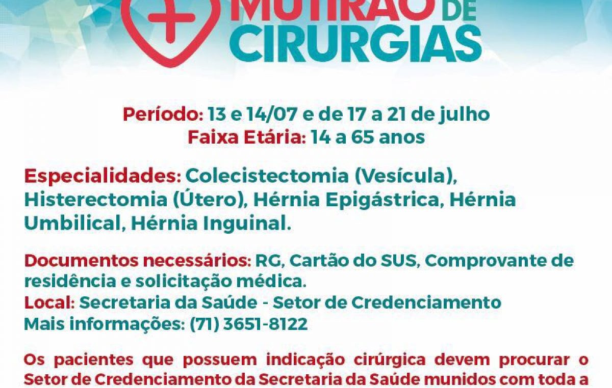 O município de São Francisco do Conde será contemplado com o Mutirão de Cirurgias do Governo do Estado