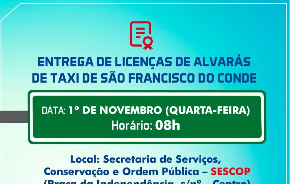SESCOP realizará cerimônia de entrega de licenças de alvarás de táxi, nesta quarta-feira, 1º de novembro