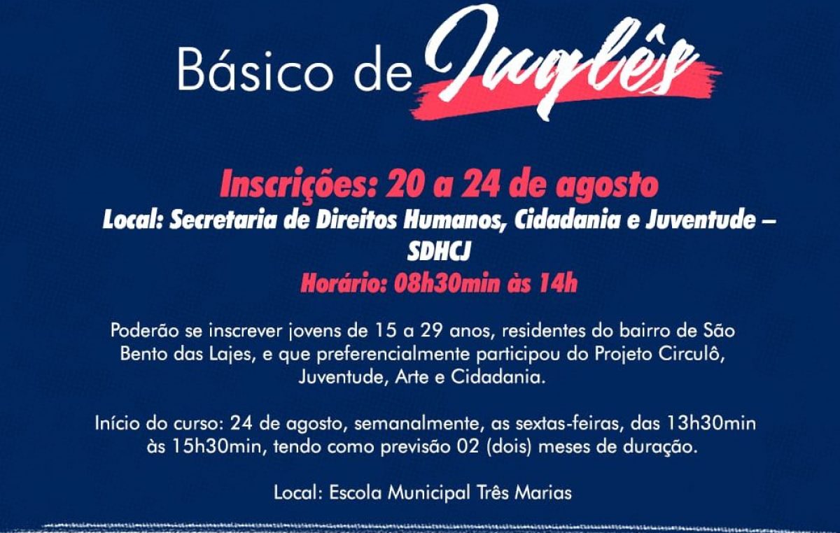 Inscreva-se! SDHCJ realizará Curso Básico de Inglês