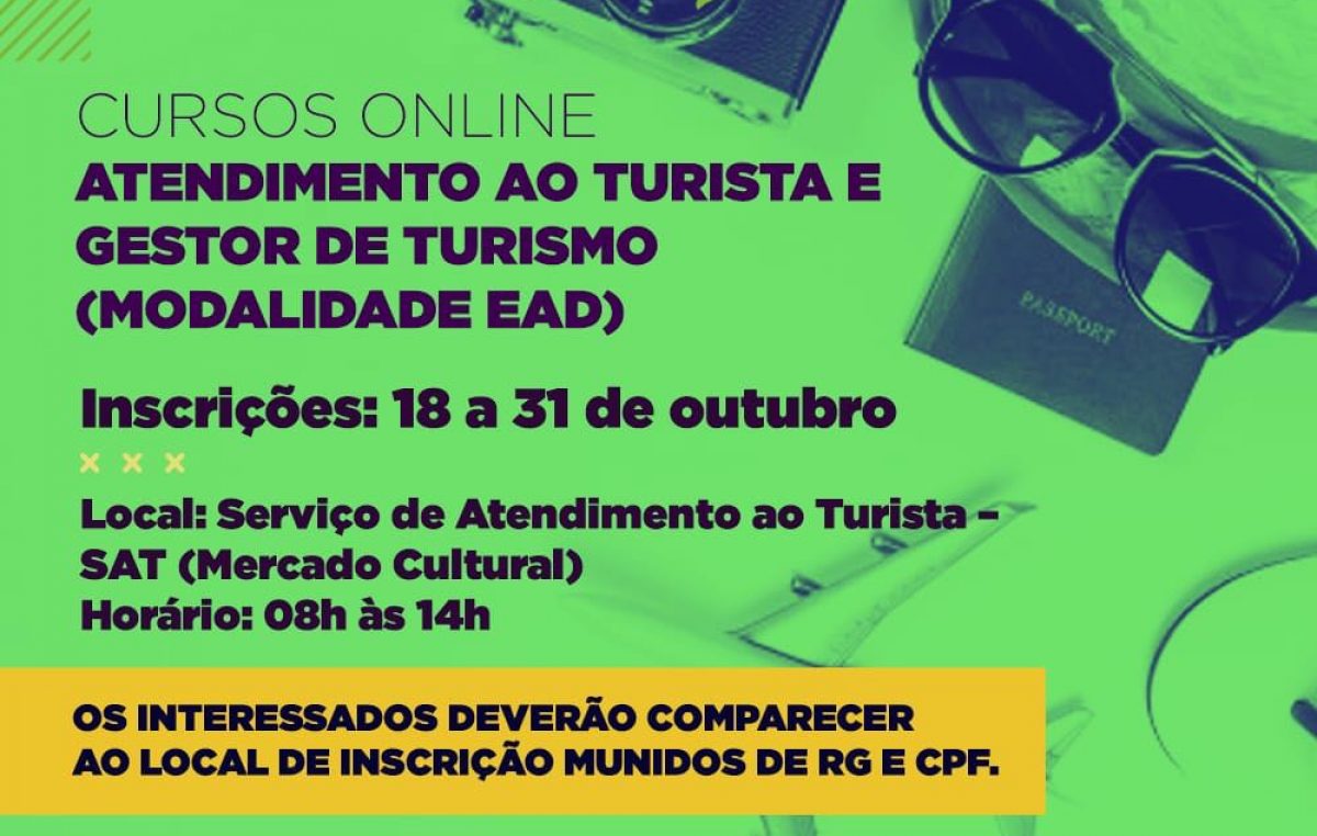 SETUR: Inscrições para cursos de capacitação (EAD) nas áreas de Atendimento ao turista e Gestão de Turismo seguem até o dia 31 de outubro (Quarta-feira)