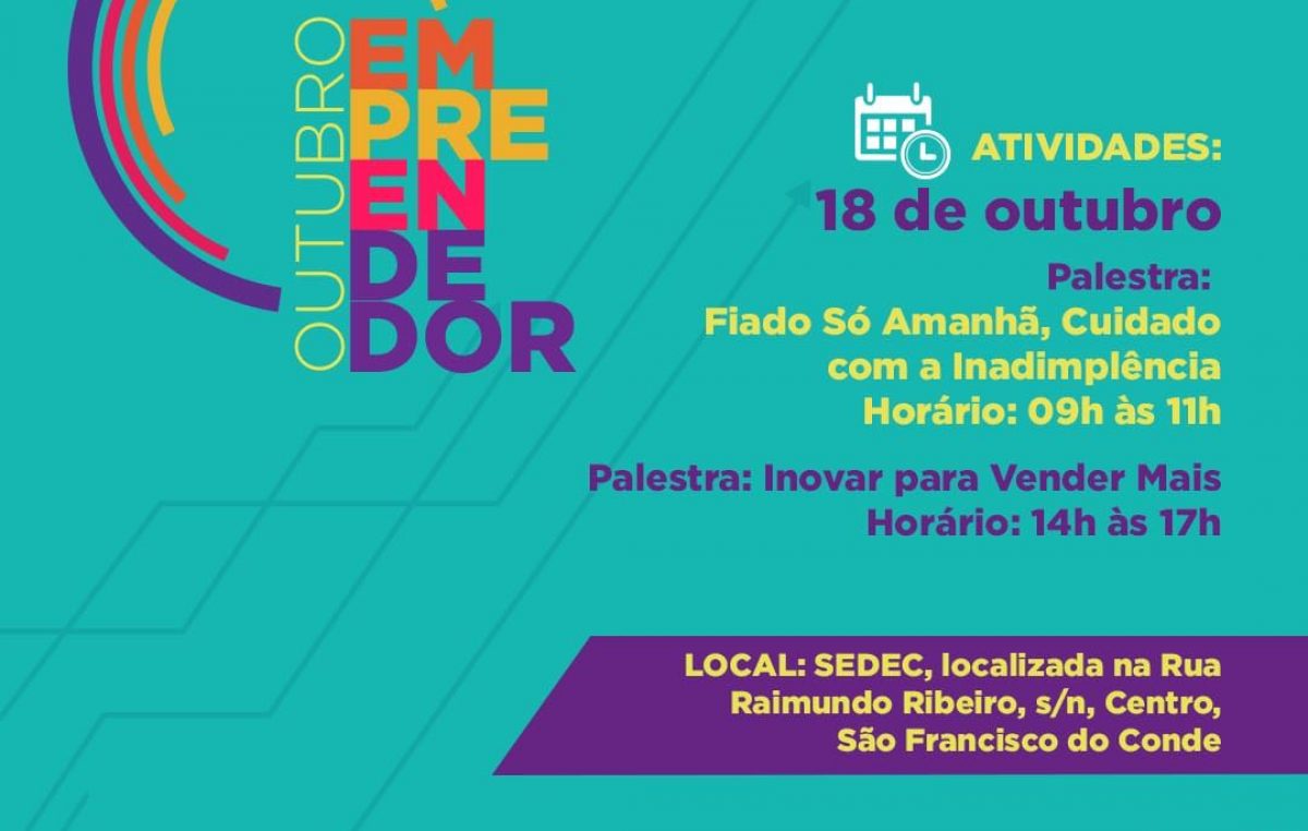 Projeto Outubro Empreendedor: Palestra com o tema: “Inovar para Vender Mais” acontecerá nesta quinta-feira (18), das 14h às 17, no prédio da SEDEC