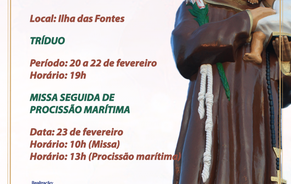 Missa e procissão marítima dos Festejos de Santo Antônio dos Navegantes acontecerão neste sábado (23) na Ilha das Fontes