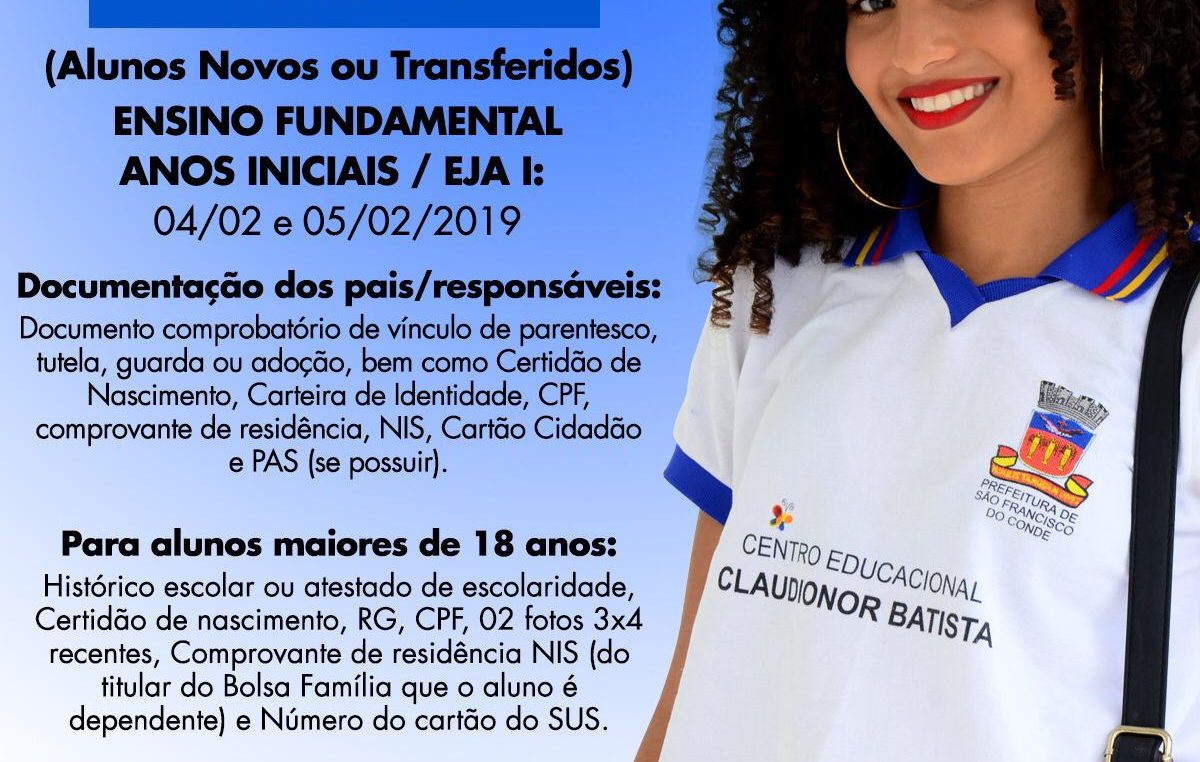 Estudantes do Ensino Fundamental e da EJA poderão ser matriculados na Rede Municipal de Ensino de São Francisco do Conde a partir de segunda-feira (04)