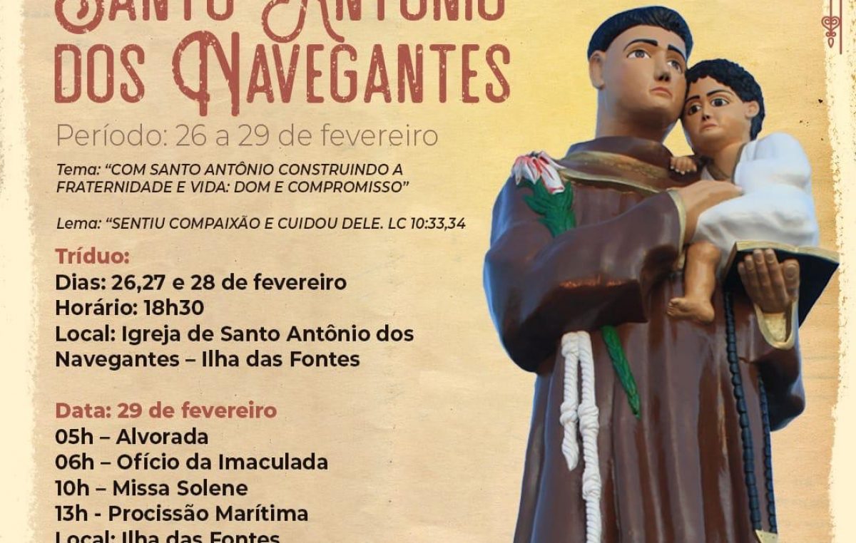 Homenagens a Santo Antônio dos Navegantes acontecerão de 26 a 29 de fevereiro na Ilha das Fontes