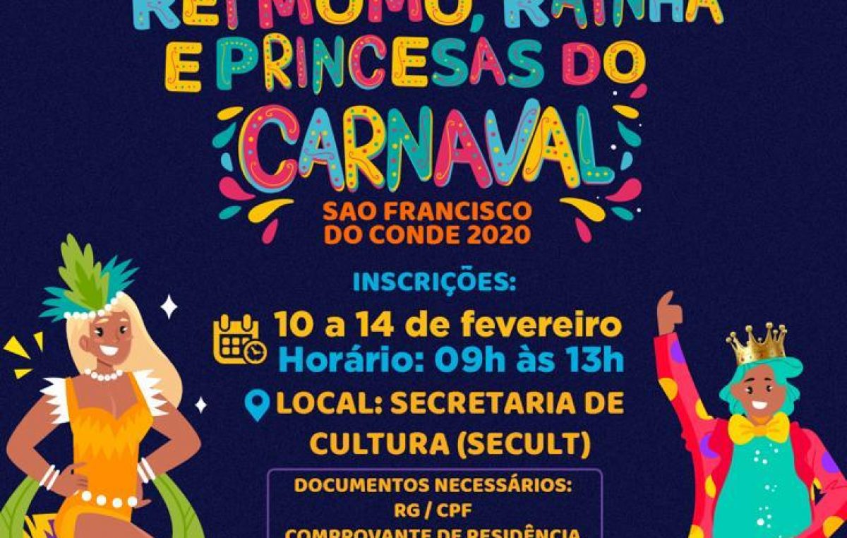 Inscrições para o Concurso de Rei Momo, Rainha e Princesas do Carnaval seguem acontecendo até o dia 14 de fevereiro