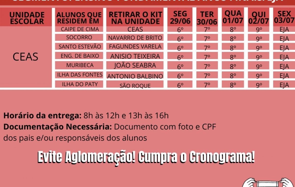 Confira o cronograma de distribuição dos Kits de Alimentação para os alunos da Rede Municipal de São Francisco do Conde