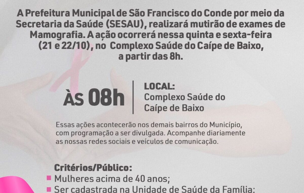 Outubro Rosa terá mutirão de mamografias nos bairros