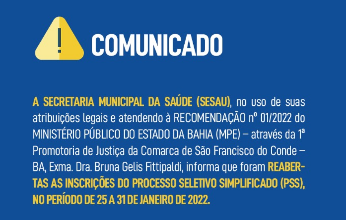 Reabertas as inscrições do Processo Seletivo Simplificado de 25 a 31 de janeiro de 2022
