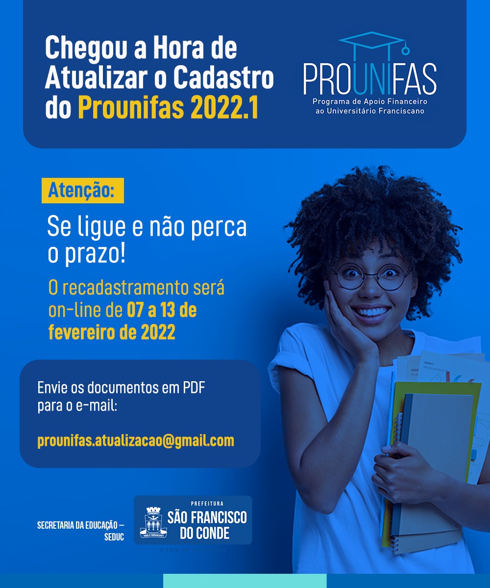 Recadastramento para estudantes beneficiários do Prounifas vai de 07 a 13 de fevereiro