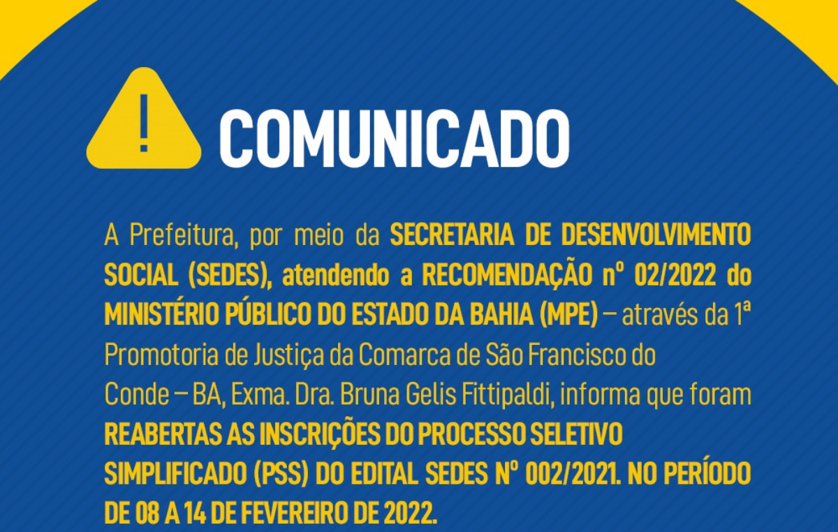 Reabertas as inscrições do Processo Seletivo Simplificado (PSS), no período de 08 a 14 de fevereiro de 2022