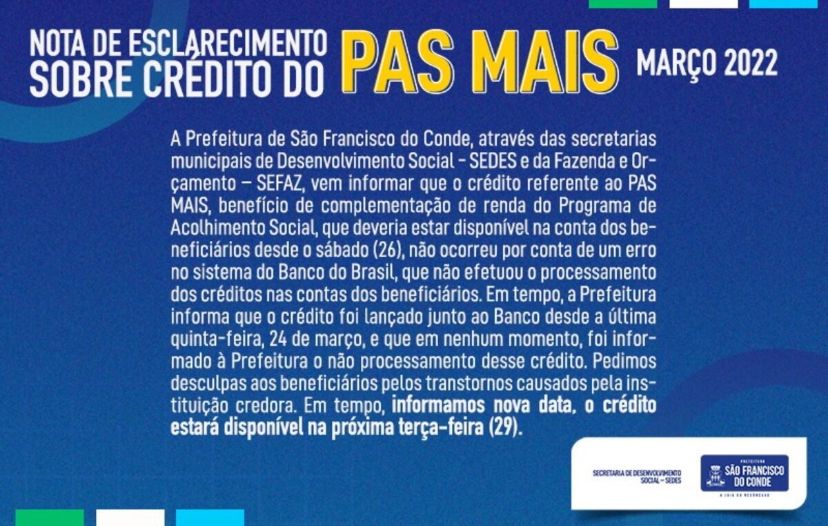 Nota de Esclarecimento – Crédito do PAS MAIS