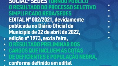 SEDES, tornou público o resultado do PROCESSO SELETIVO SIMPLIFICADO REDA EDITAL nº 002/2021