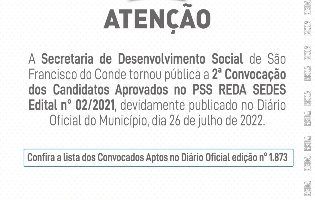 Confira a 2ª convocação dos candidatos aprovados no PSS REDA/SEDES – Edital nº 02/2021 no Diário Oficial do Município