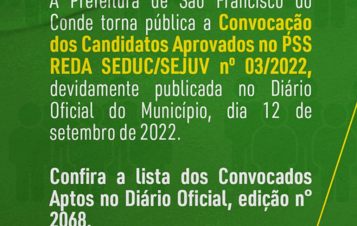 Convocação dos profissionais que foram aprovados no PSS 003/2022 REDA SEDUC/SEJUV foi publicada no Diário Oficial do município nesta segunda-feira (12)