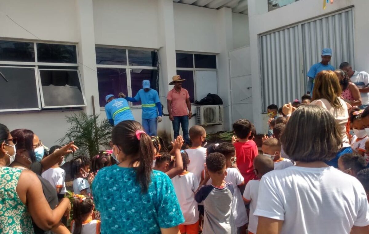 Para celebrar o Dia da Árvore, crianças plantam árvores no jardim da escola