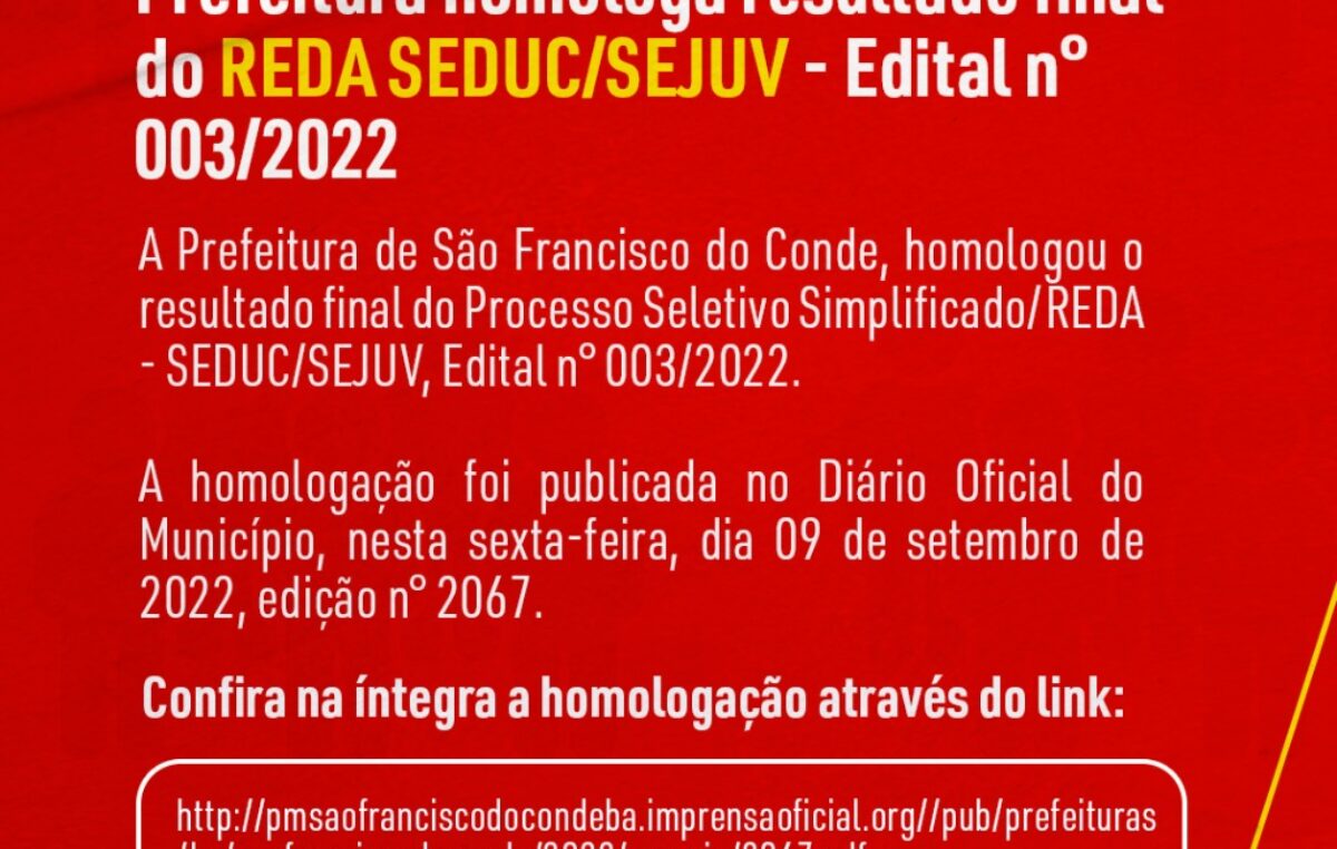 Prefeitura homologa resultado final do REDA SEDUC/SEJUV – Edital n° 003/2022