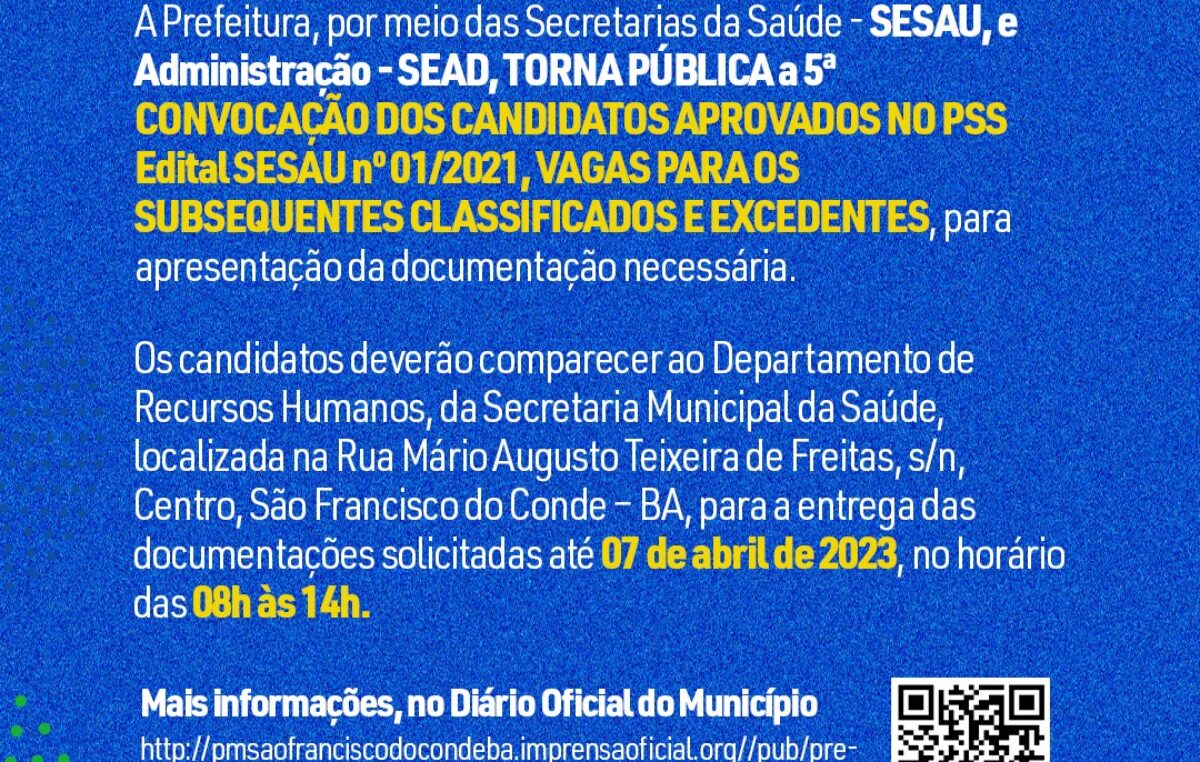 Prefeitura divulga a 5ª convocação dos candidatos aprovados no PSS Edital SESAU nº 01/2021