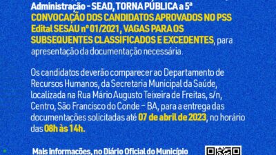 Prefeitura divulga a 5ª convocação dos candidatos aprovados no PSS Edital SESAU nº 01/2021