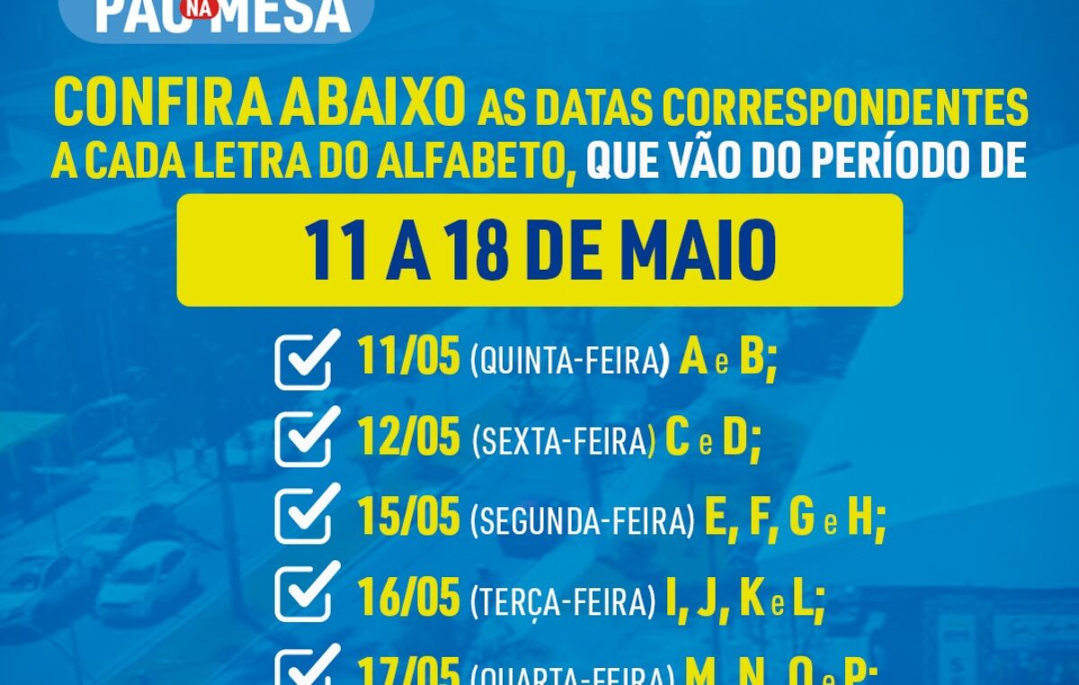 Pagamento do benefício social Pão na Mesa referente ao mês de maio, iniciará nesta quinta-feira (11).