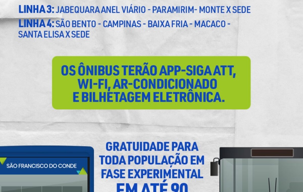 Transporte Público Coletivo Municipal Urbano. A partir desta quinta-feira (22), quatro linhas irão operar no município, em fase experimental, com gratuidade para toda população