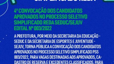 4ª CONVOCAÇÃO DOS CANDIDATOS APROVADOS NO PROCESSO SELETIVO SIMPLIFICADO REDA SEDUC/SEJUV / EDITAL nº 003/2022