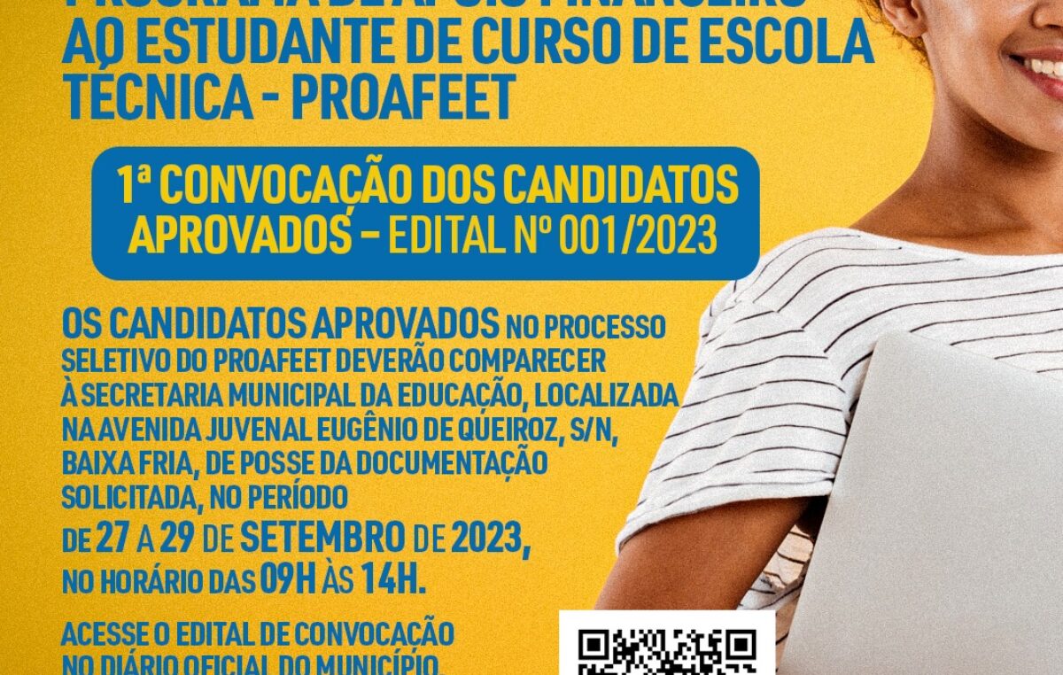 Prefeitura divulga 1ª convocação dos candidatos aprovados no Processo Seletivo do PROAFEET – EDITAL Nº 001/2023