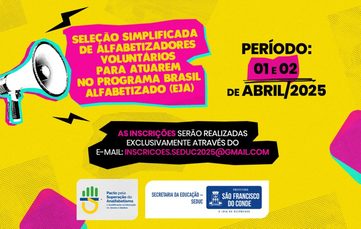 Programa Brasil Alfabetizado chega a São Francisco do Conde com seleção de alfabetizadores voluntários e bolsa mensal no valor de 1.200