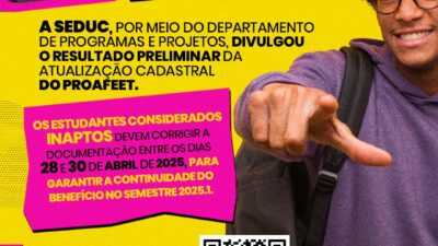 SEDUC divulga resultado preliminar da atualização cadastral do PROAFEET