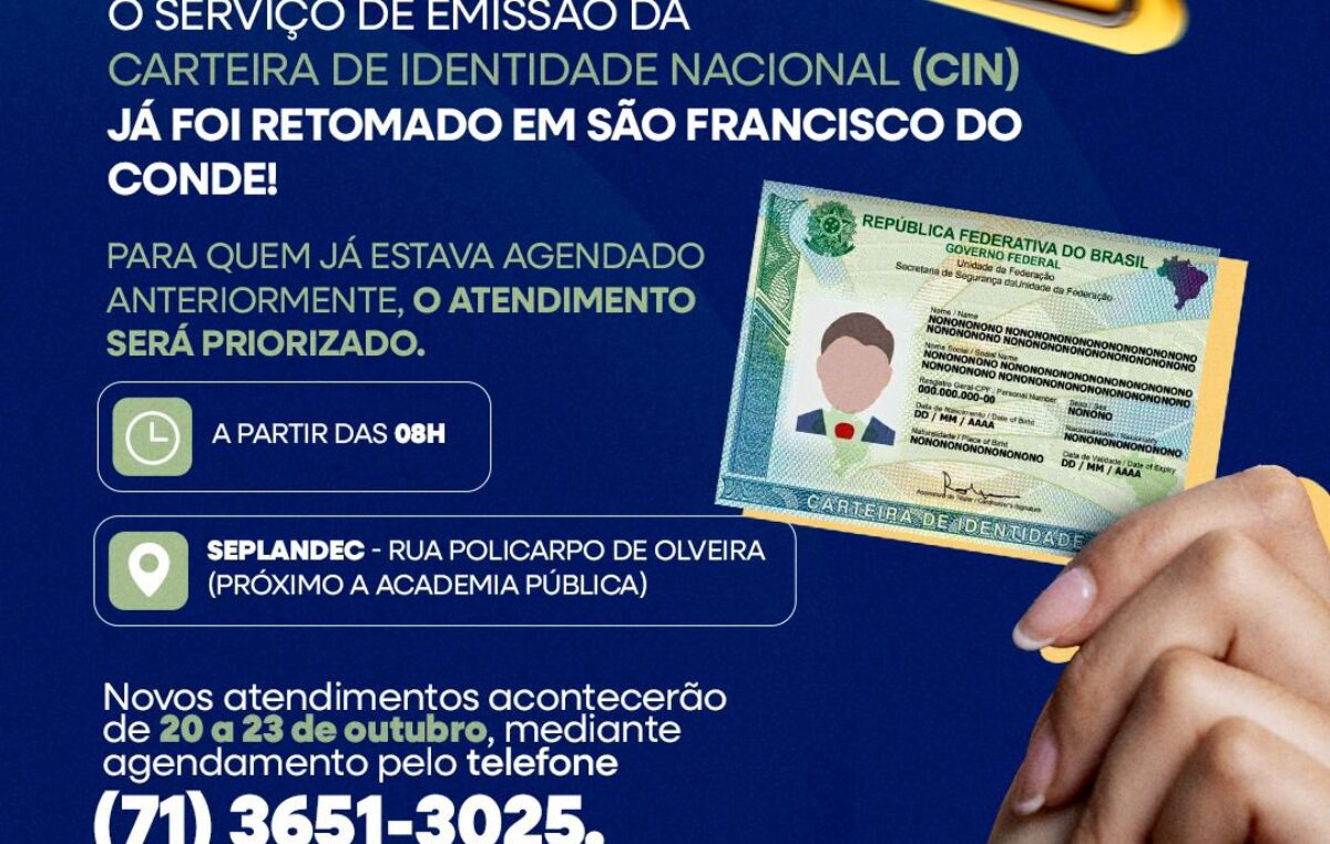 Serviço de emissão da Carteira de Identidade Nacional (CIN) é retomado em São Francisco do Conde