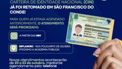 Serviço de emissão da Carteira de Identidade Nacional (CIN) é retomado em São Francisco do Conde