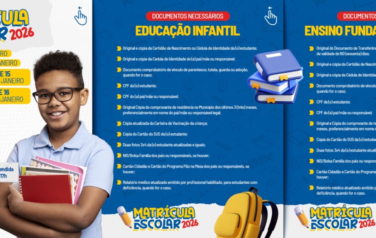 Prefeitura divulga cronograma e normas da matrícula escolar 2026 da Rede Municipal
