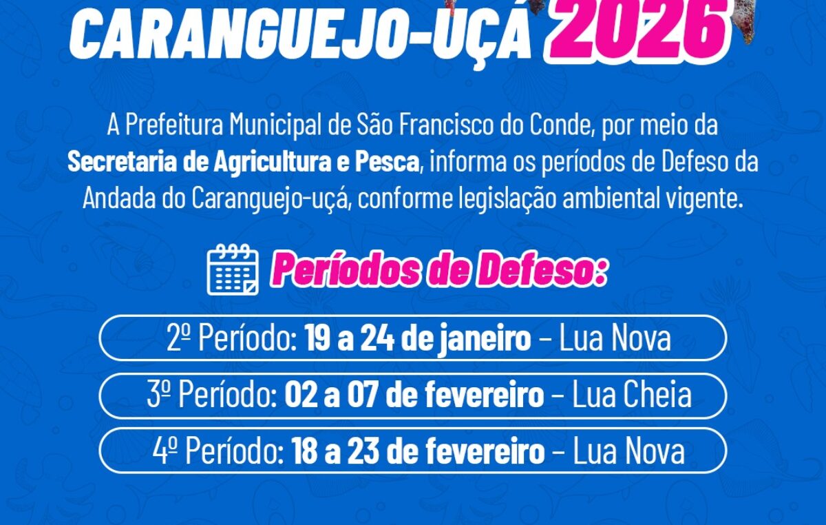 Prefeitura divulga períodos de defeso da andada do caranguejo-uçá em 2026