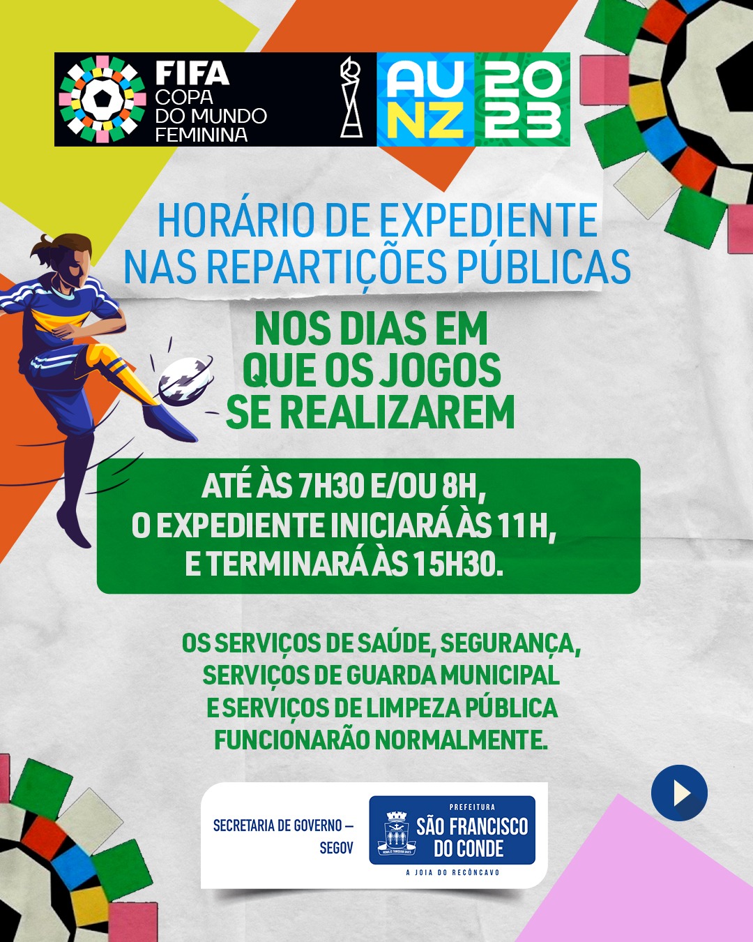 Prefeitura de Conde altera expediente nos dias de jogos da Seleção  Brasileira Feminina de futebol na Copa do Mundo – Prefeitura do Conde - PB